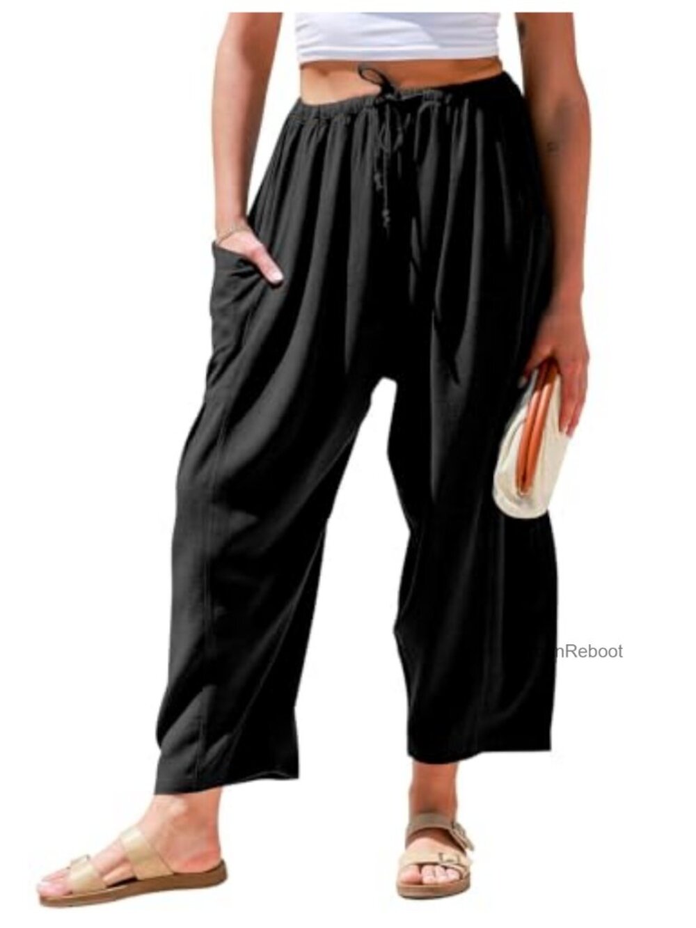 Wide Leg Linen Palazzo Harem Pants with Pockets Drawstring